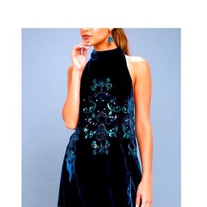 Free People Velvet Sequin Swing Sleeveless Blue Dress Excellent Used Condition!